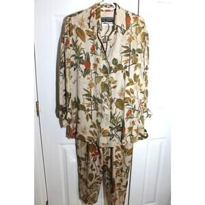 Linda Allard Ellen Tracy 100% Silk Foliage Print Pants Set sz S Petite